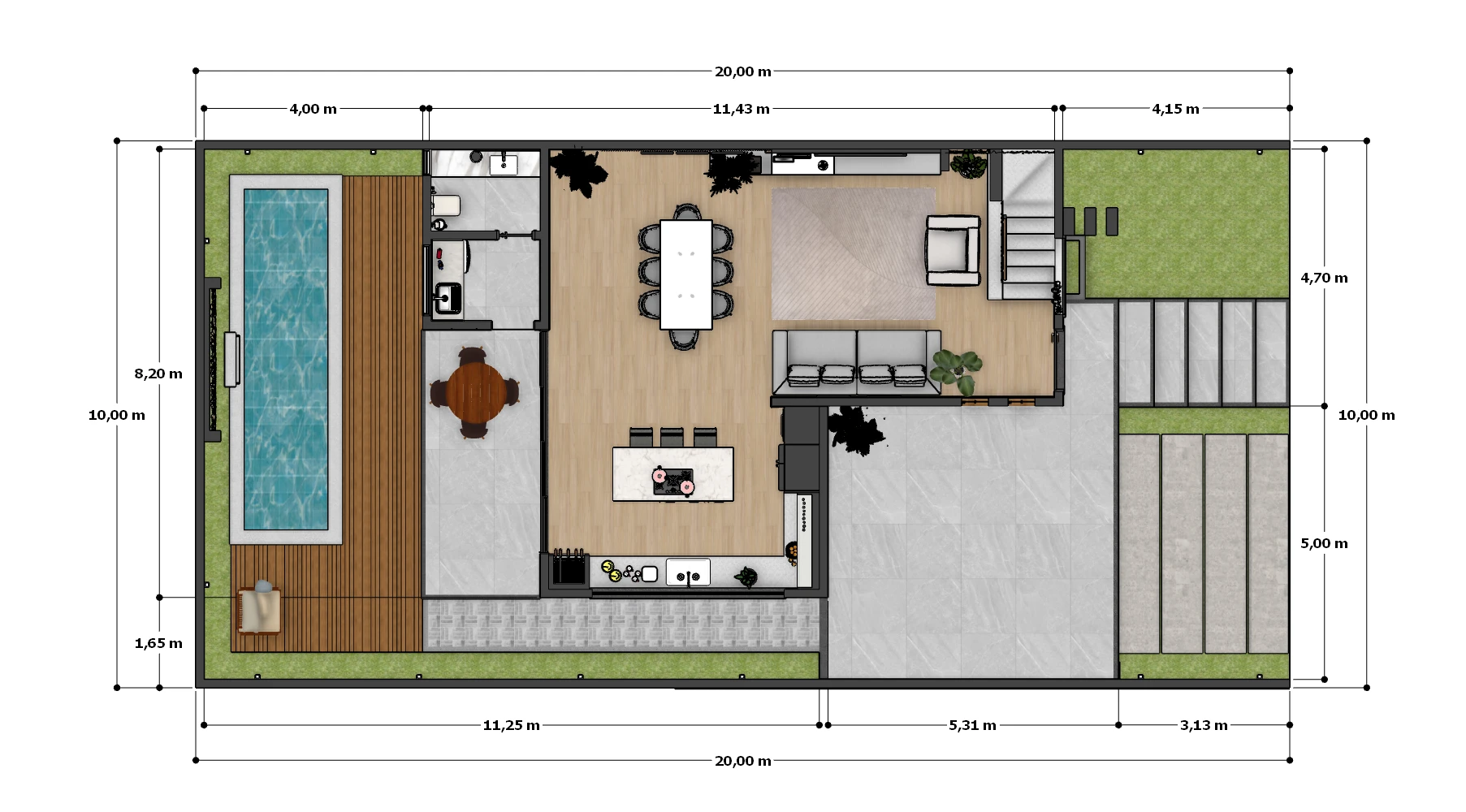 Planta baixa de sobrado 10x20 com 3 quartos – Pavimento 1
