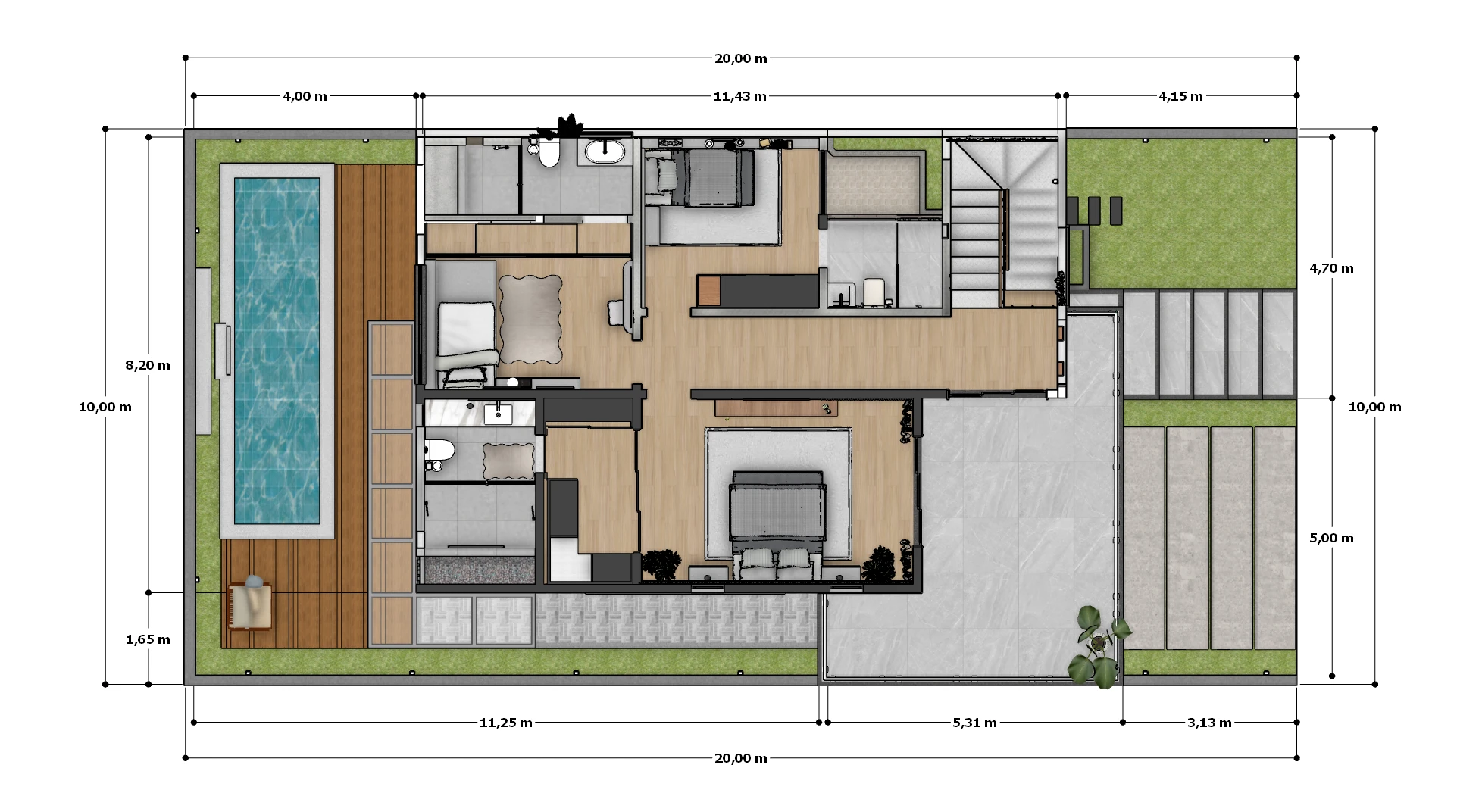 Planta baixa de sobrado 10x20 com 3 quartos – Pavimento 2