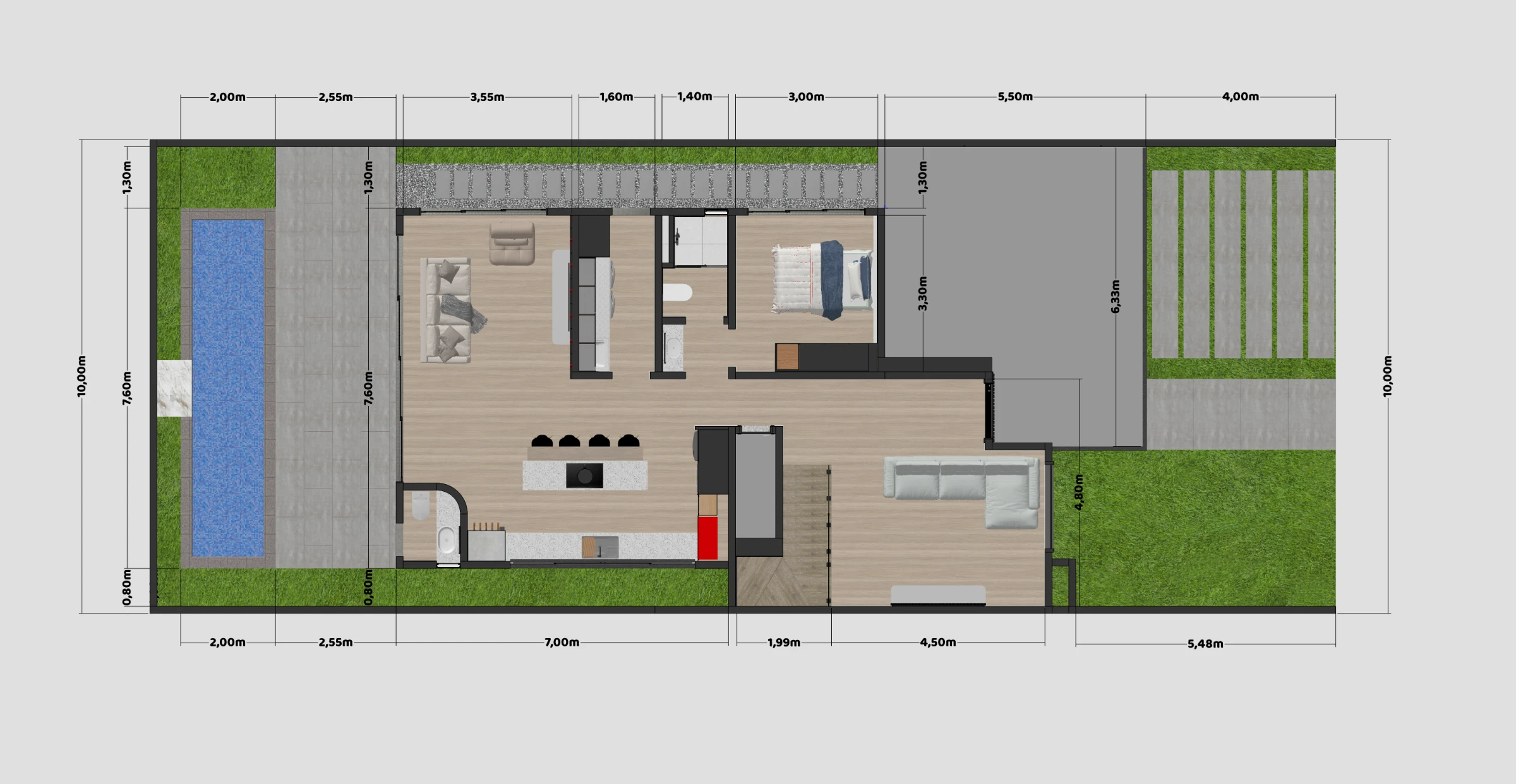 Planta baixa de sobrado 10x25 com 4 quartos – Pavimento 1