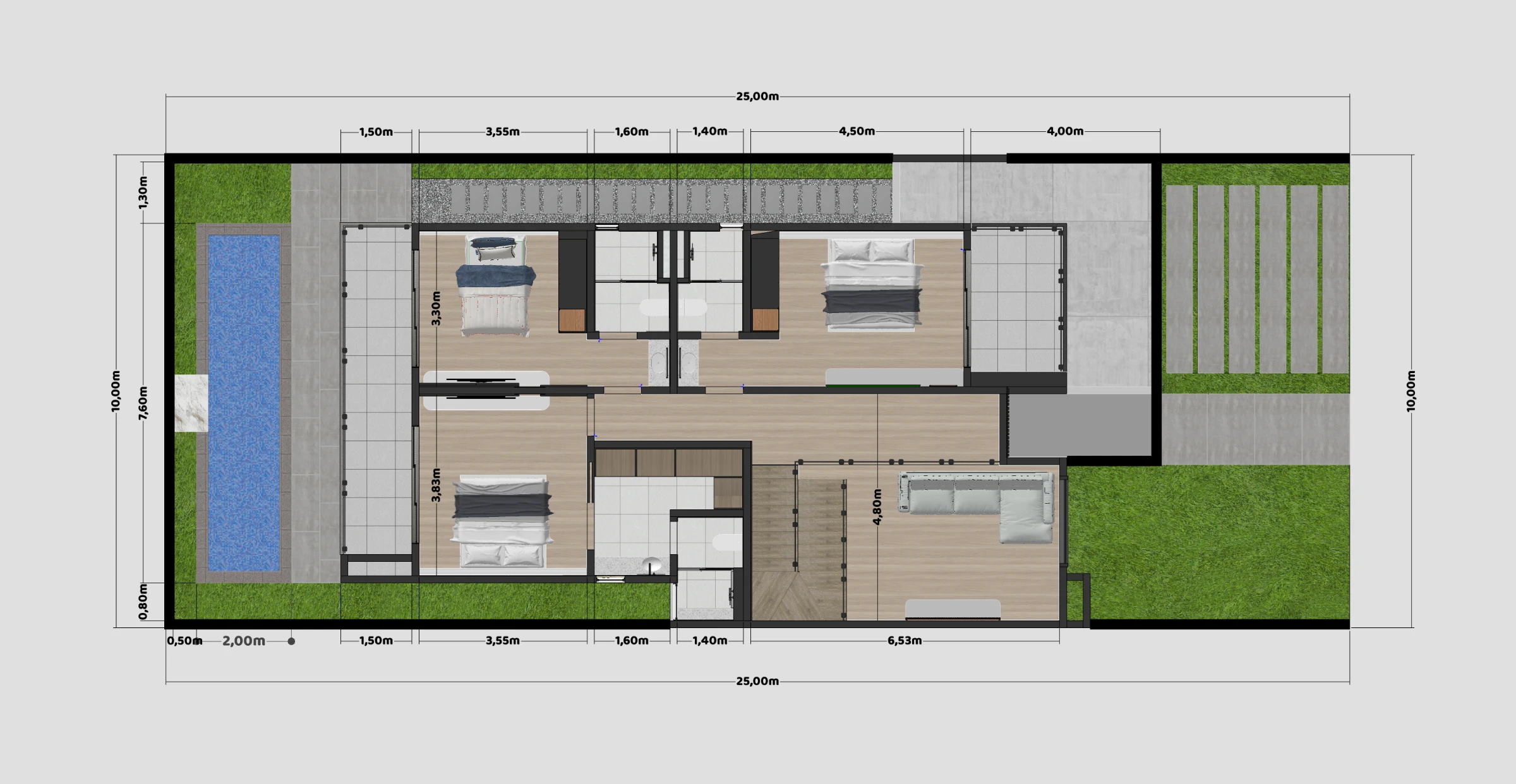 Planta baixa de sobrado 10x25 com 4 quartos – Pavimento 2