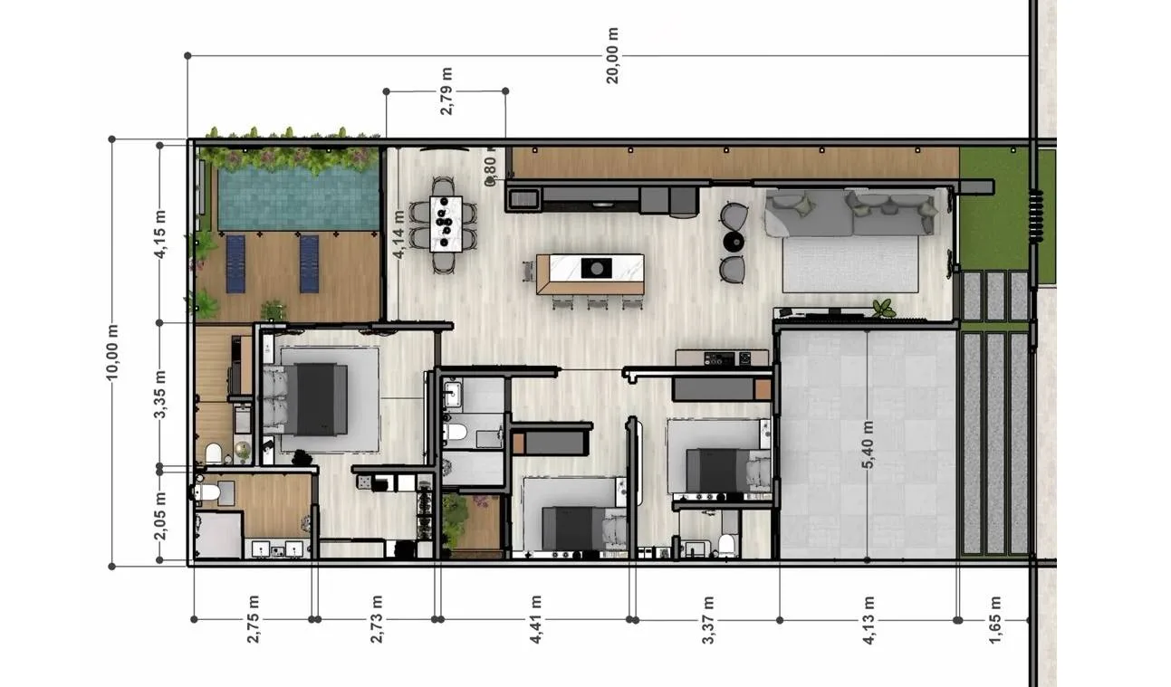 Planta baixa de casa térrea 10x20 com 3 quartos