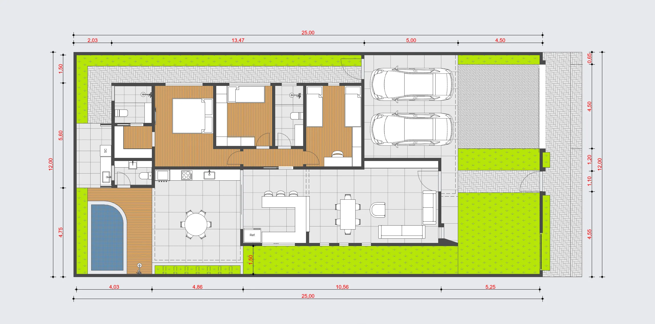 Planta baixa de casa térrea 12x25 com 3 quartos – Planta técnica