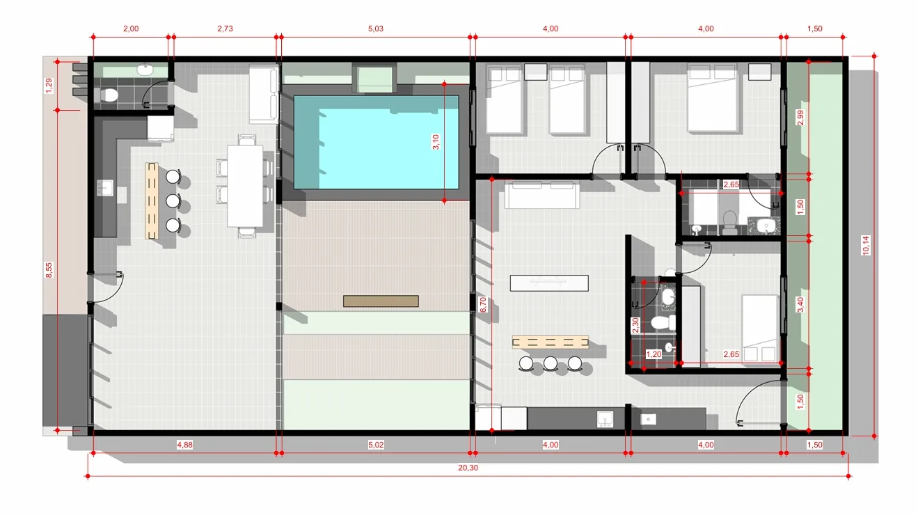 Planta baixa de casa térrea 10x20 com 3 quartos