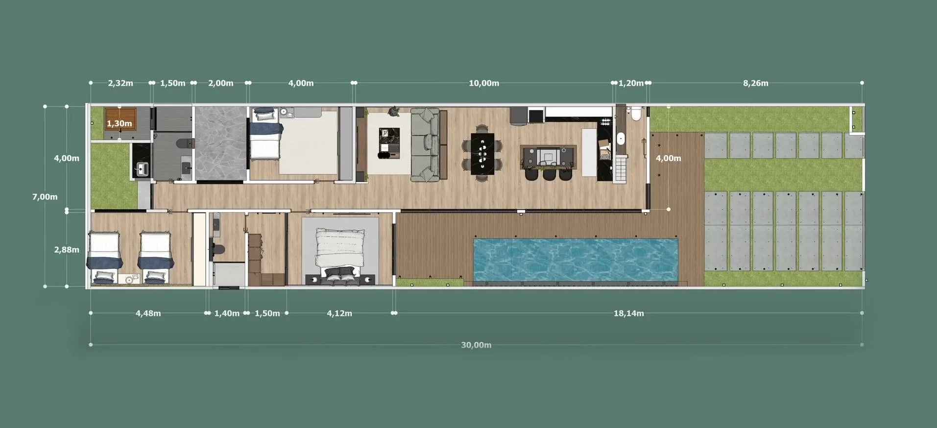 Planta baixa de casa térrea 7x30 com 3 quartos