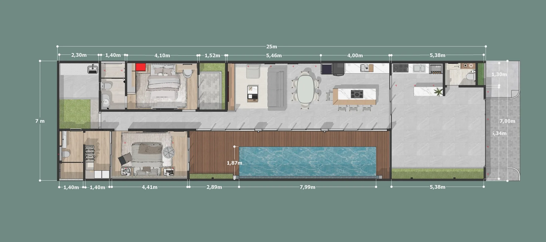 Planta baixa de casa térrea 7x25 com 2 quartos