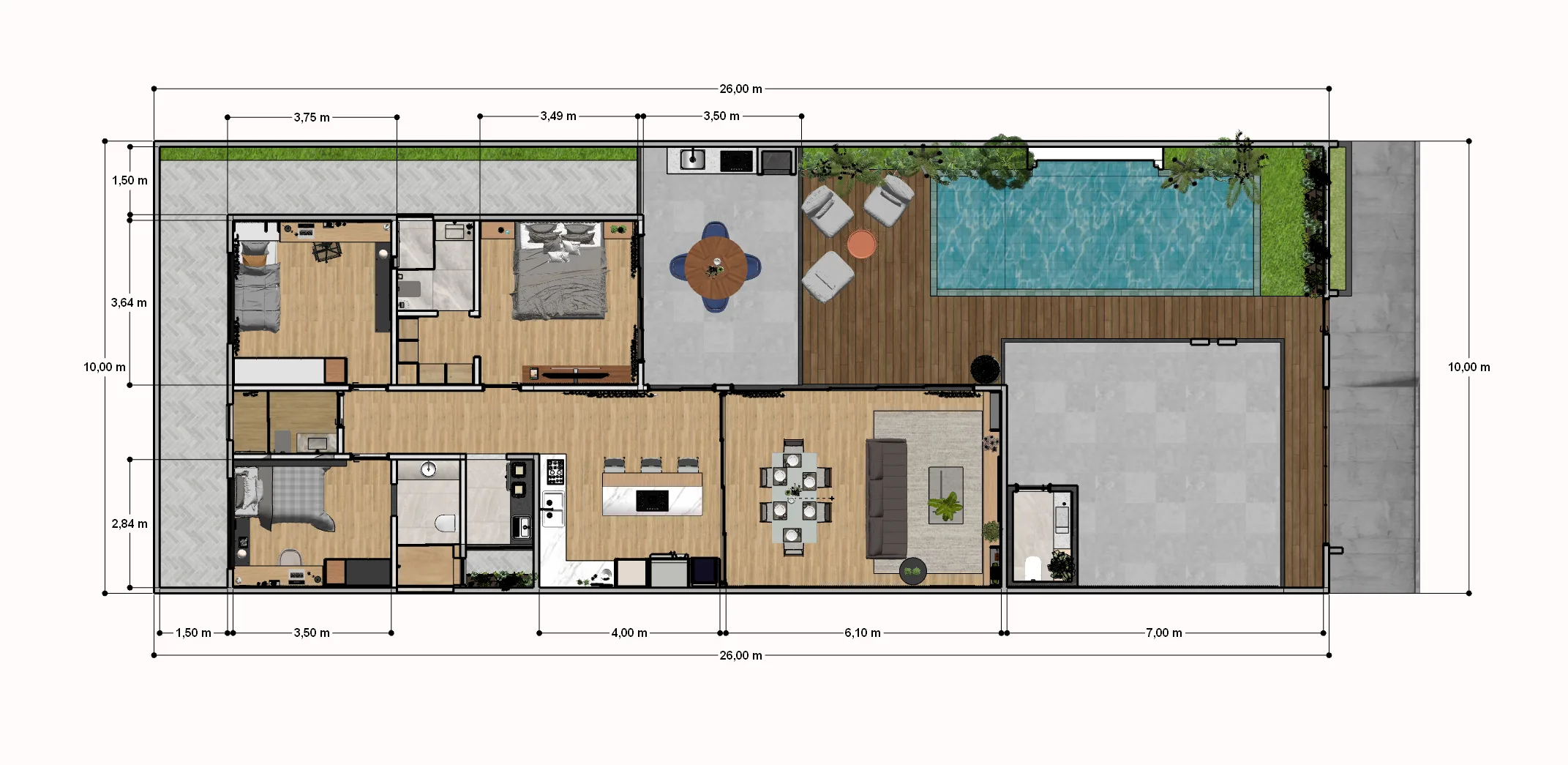 Planta baixa de casa térrea 10x26 com 3 quartos