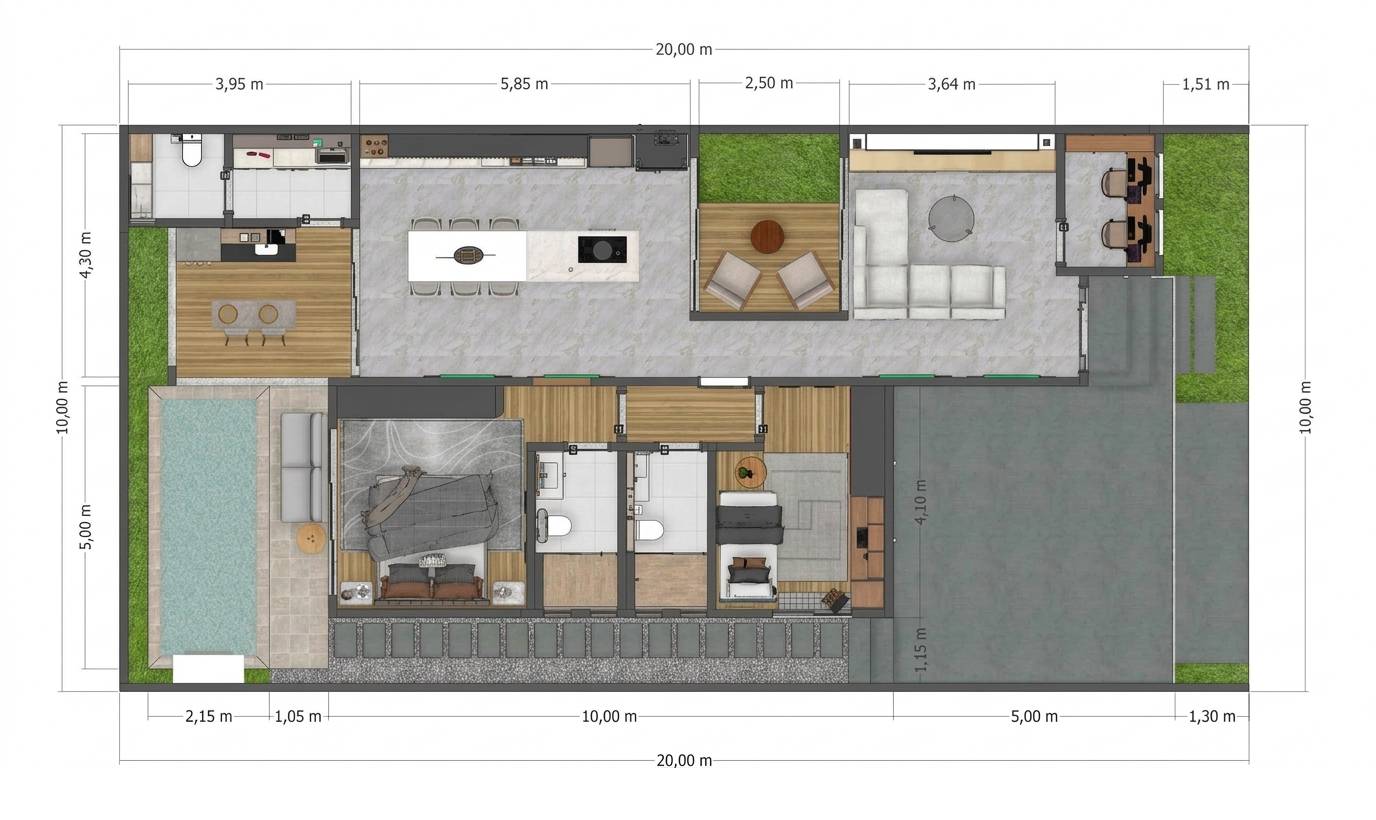 Planta baixa de casa térrea 10x20 com 2 quartos