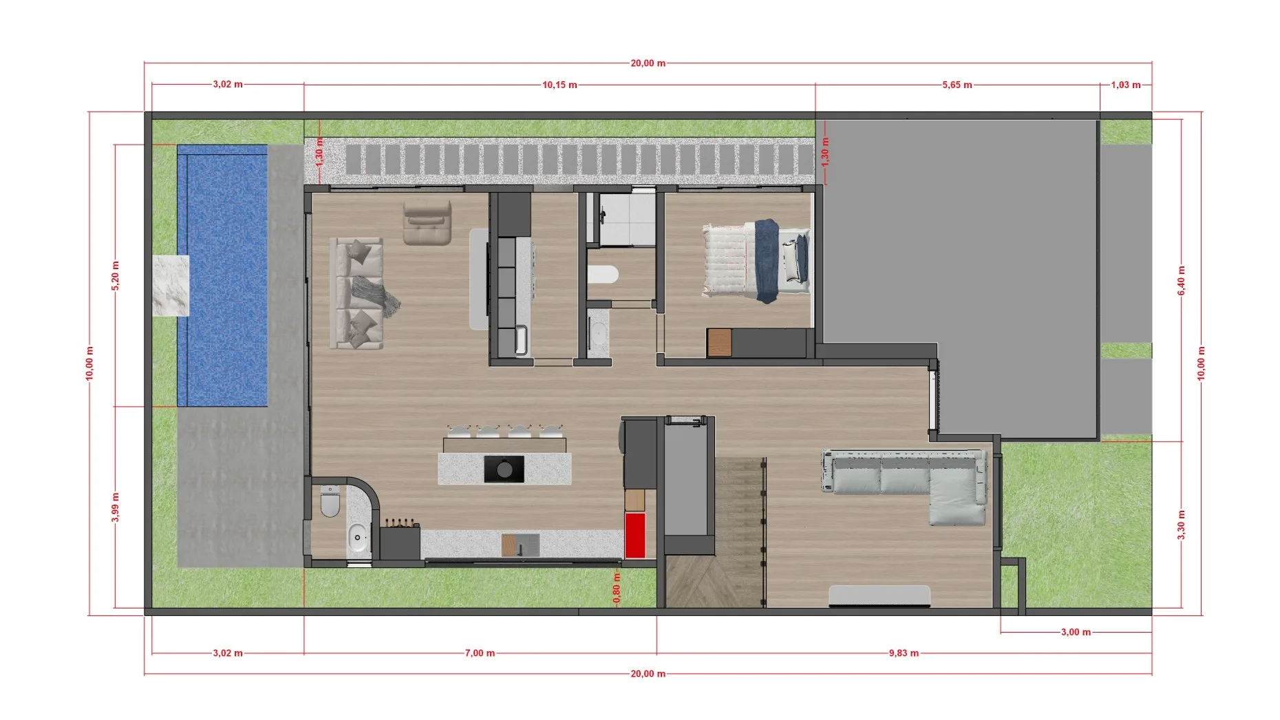 Planta baixa de sobrado 10x20 com 4 quartos – Pavimento 1